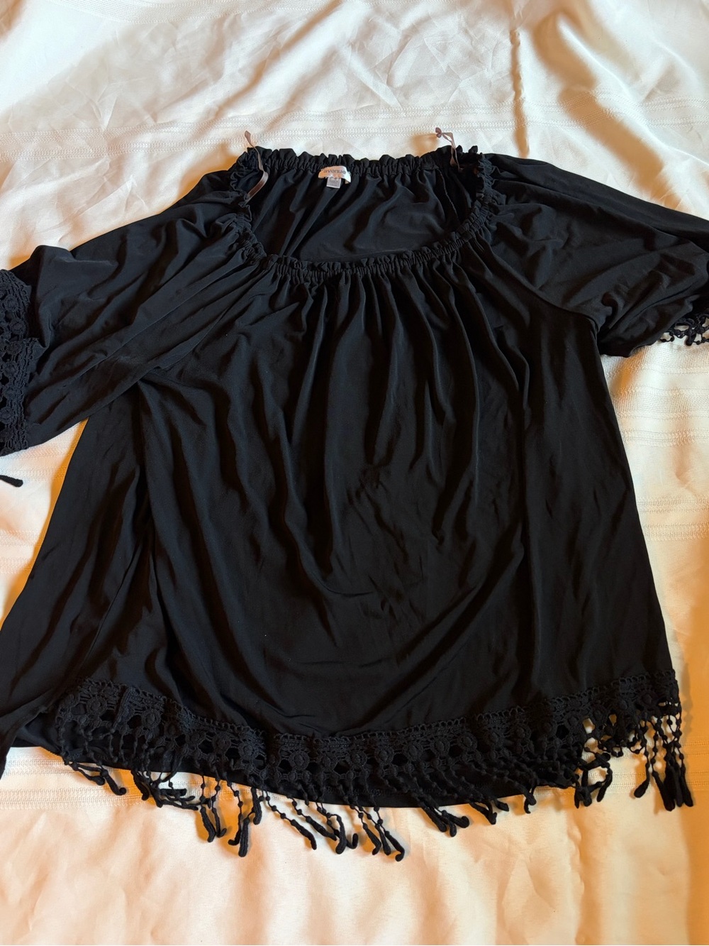 Avenue Black Off-Shoulder Tunic with Crochet Fringe